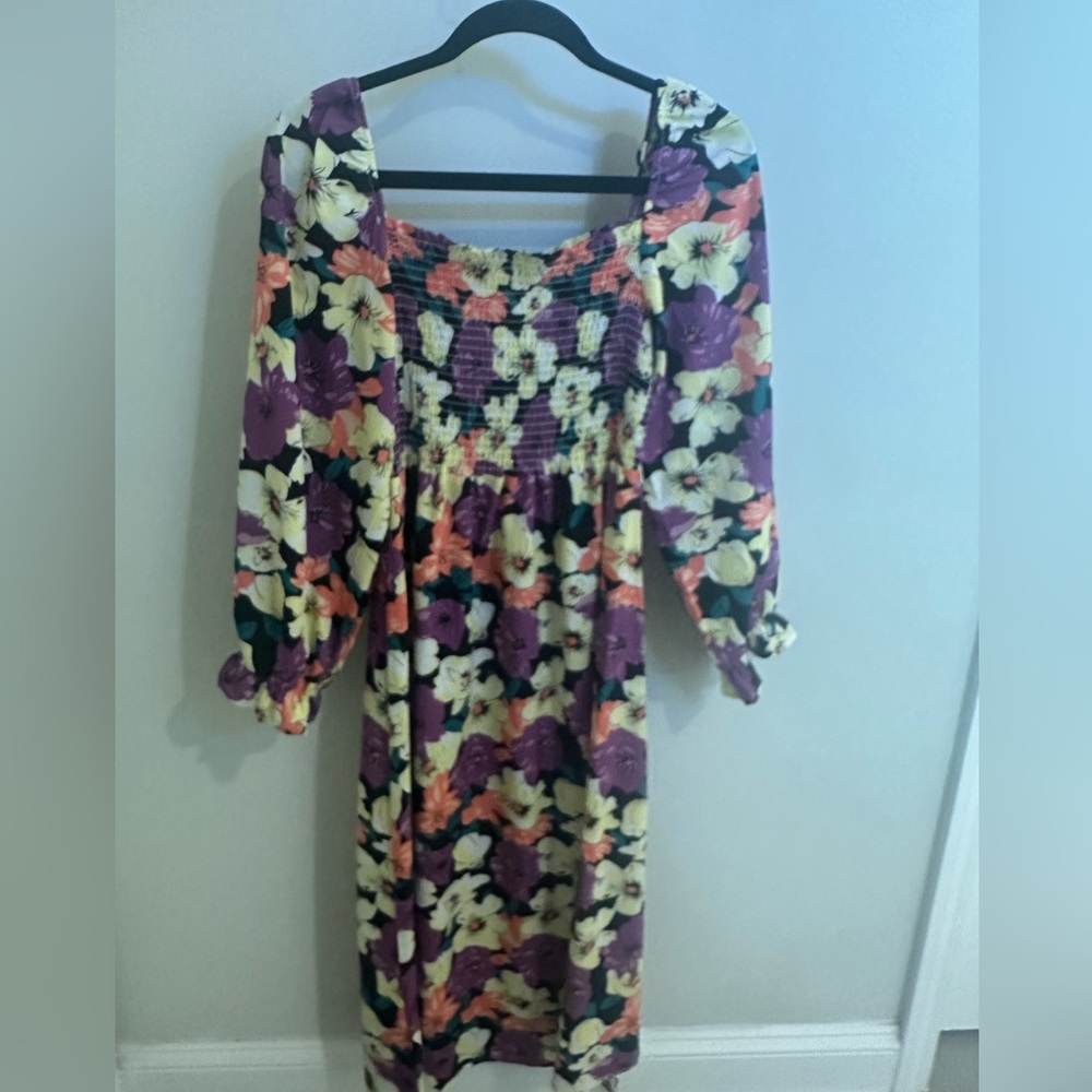 Elegant Floral Midi Dress - Purple, Orange, Yellow